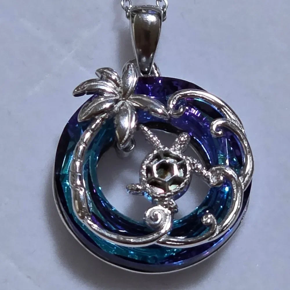 📷💬🩵⏭️NIB Blue Crystal Sterling Silver Sea Turtle Tropical Pendant Necklace